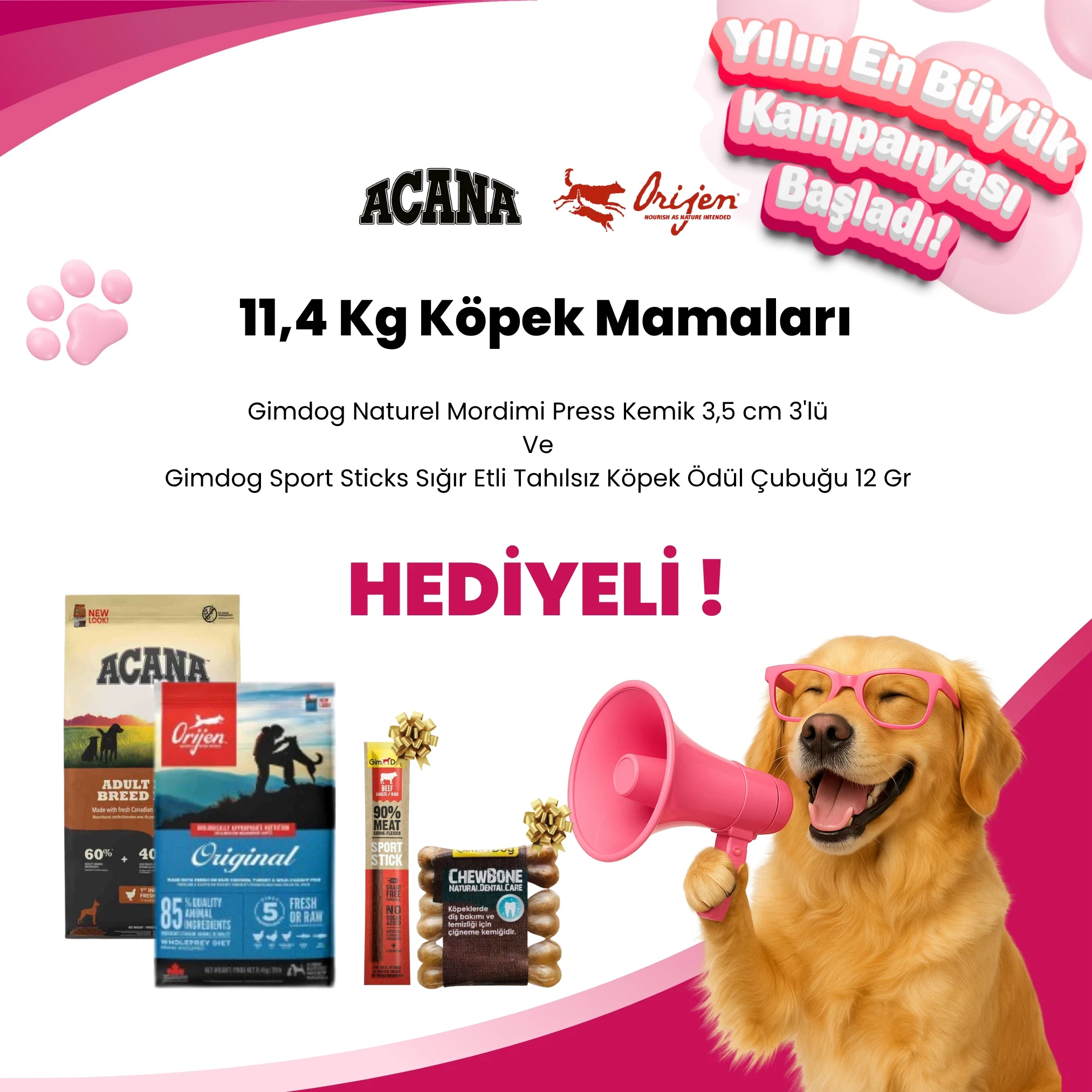 Acana ve Orijen 11,4 Kg Köpek Mamalarına Gimdog Naturel Mordimi Press Kemik 3,5 cm 3'lü ve Gimdog Sport Sticks Sığır Etli Tahılsız Köpek Ödül Çubuğu 12 Gr Hediye