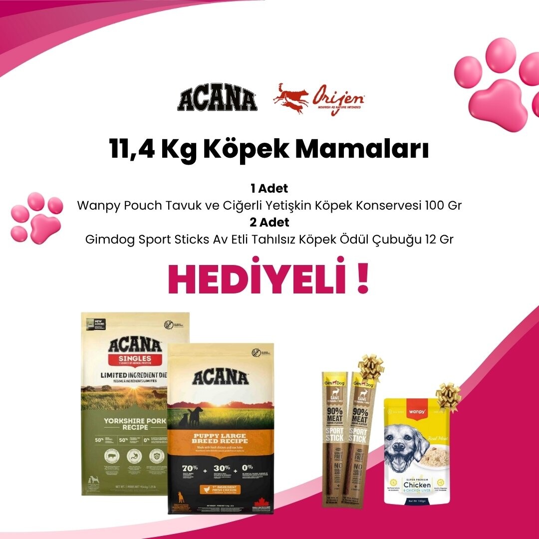 Acana 11,4 Kg Köpek Mamalarına 1 Adet Wanpy Pouch Tavuk ve Ciğerli Yetişkin Köpek Konservesi 100 Gr 2 Adet Gimdog Sport Sticks Av Etli Tahılsız Köpek Ödül Çubuğu 12 Gr Hediye