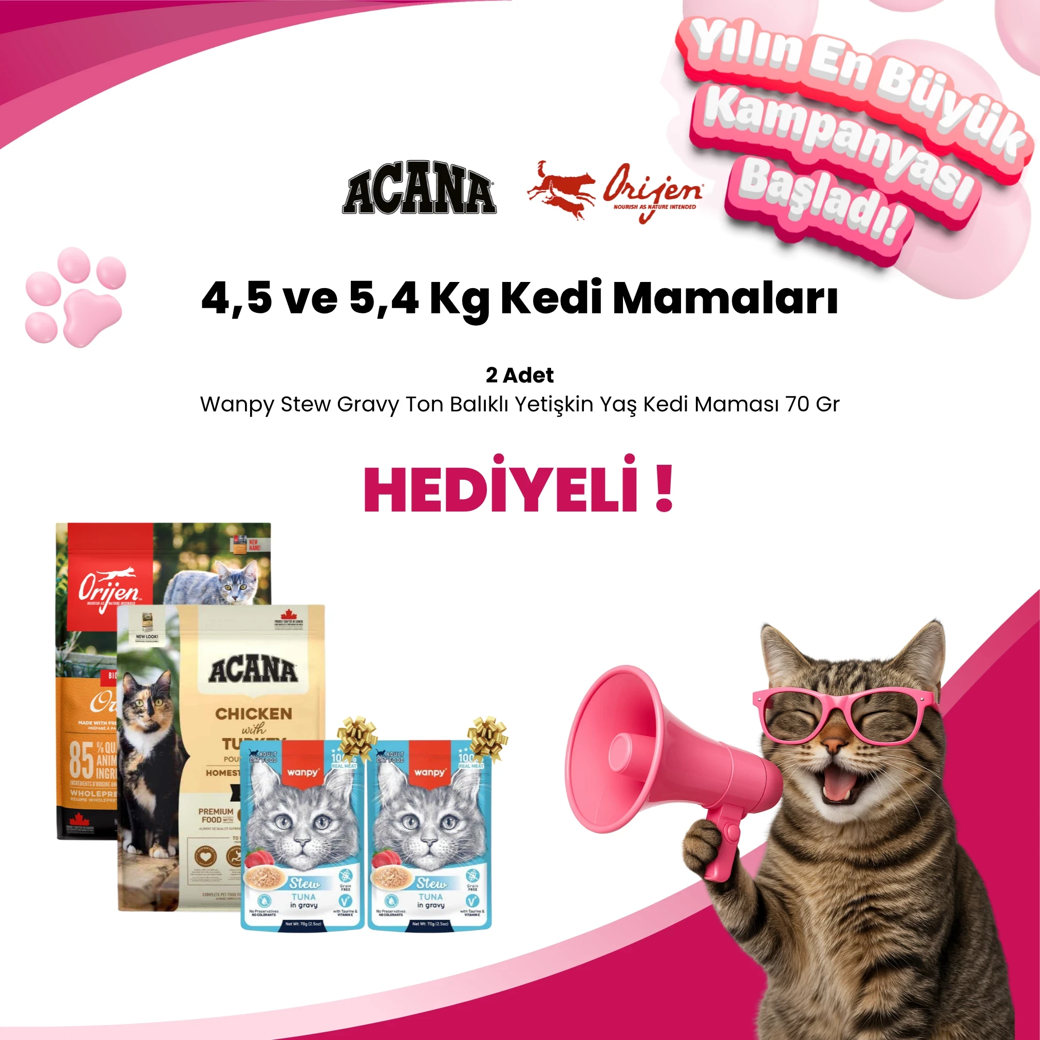 Acana ve Orijen 4-6 Kg Kedi Mamalarına 2 Adet Wanpy Stew Gravy Ton Balıklı Yetişkin Yaş Kedi Maması 7z0 Gr Hediye