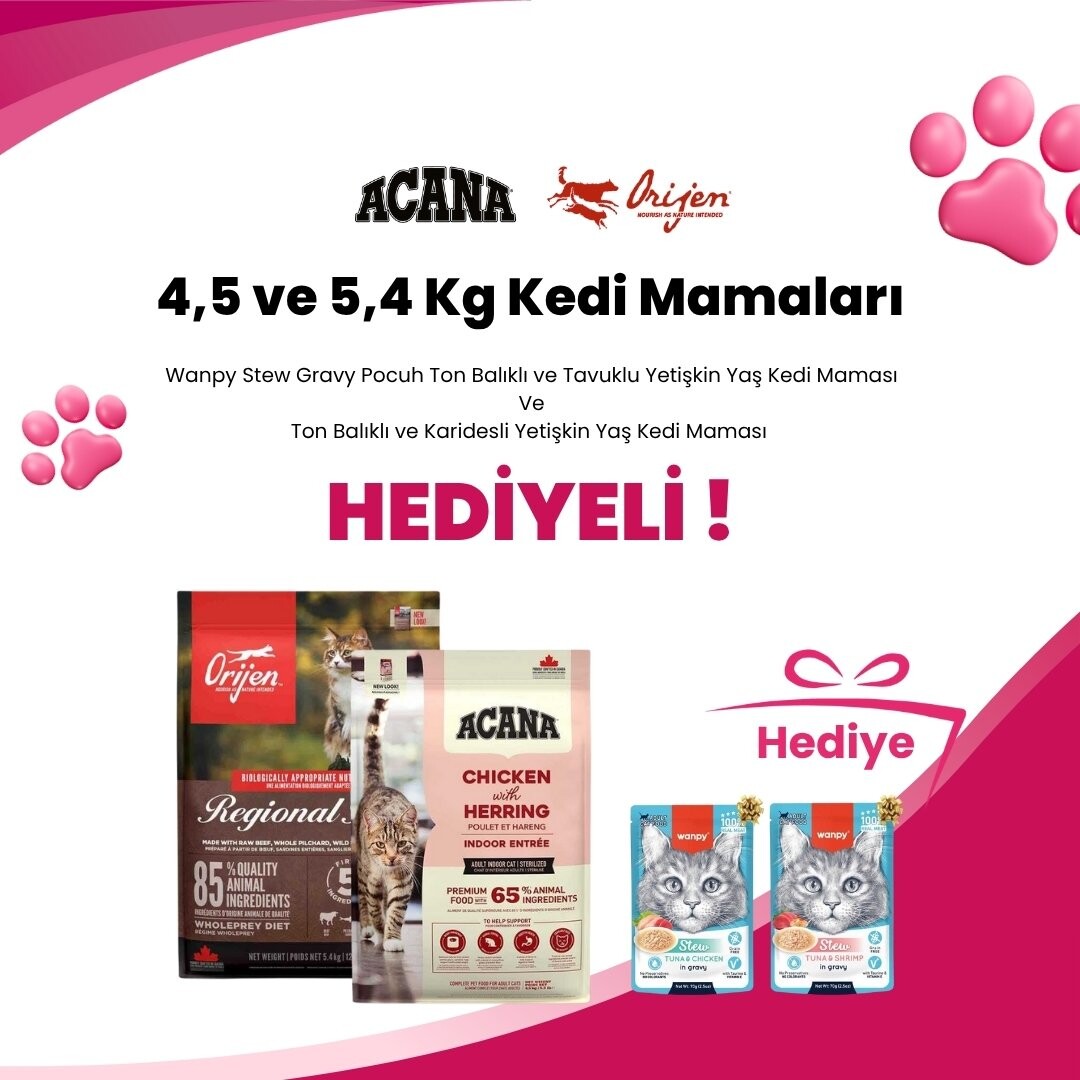 Acana ve Orijen 4,5 ve 5,4 Kg Kedi Mamalarına Wanpy Stew Gravy Pocuh Ton Balıklı ve Tavuklu Yetişkin Yaş Kedi Maması 70 gr ve Wanpy Stew Gravy Pocuh Ton Balıklı ve Karidesli Yetişkin Yaş Kedi Maması 70 gr Hediye