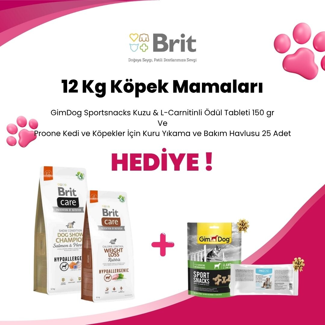 Brit Care 12 Kg Köpek Mamalarına GimDog Sportsnacks Kuzu & L-Carnitinli Ödül Tableti 150 gr ve Proone Kedi ve Köpekler İçin Kuru Yıkama ve Bakım Havlusu 25 Adet Hediye