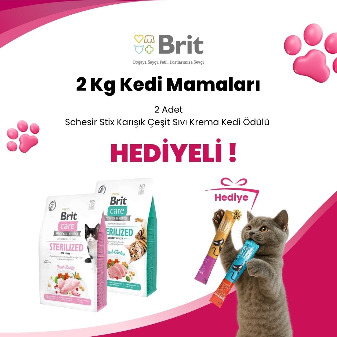 Brit Care 2 Kg Kedi Mamalarına 2 Adet Schesir Stix Karışık Çeşit Sıvı Krema Kedi Ödülü 1 Adet Hediye