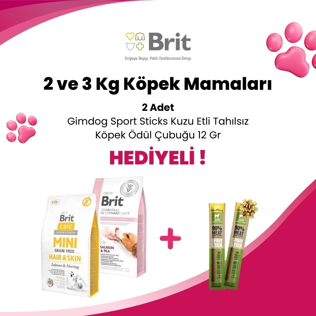 Brit Care 2 ve 3 Kg Köpek Mamalarına 2 Adet Gimdog Sport Sticks Kuzu Etli Tahılsız Köpek Ödül Çubuğu 12 Gr Hediye