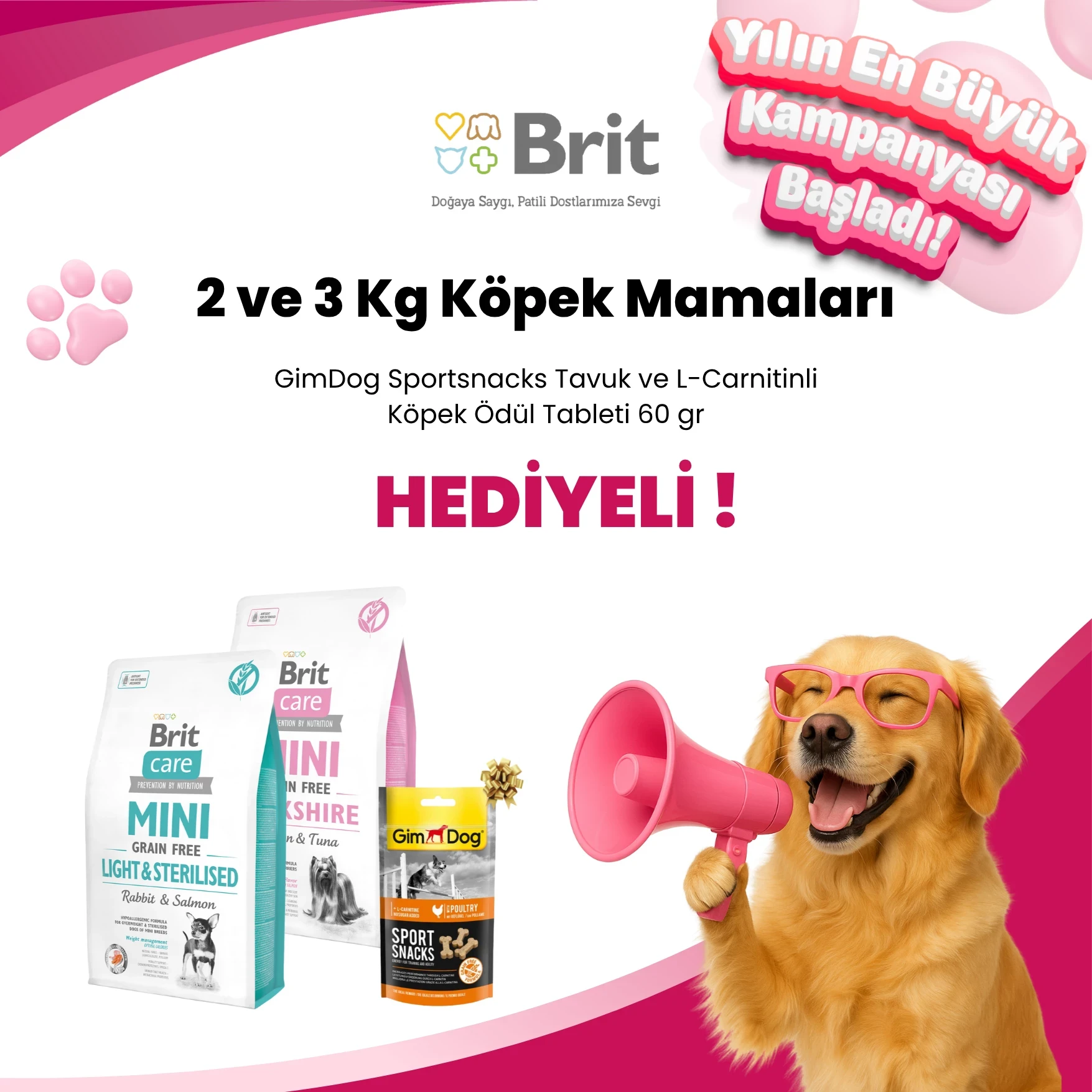 Brit Care 2 ve 3 Kg Köpek Mamalarına GimDog Sportsnacks Tavuk ve L-Carnitinli Köpek Ödül Tableti 60 gr Hediye