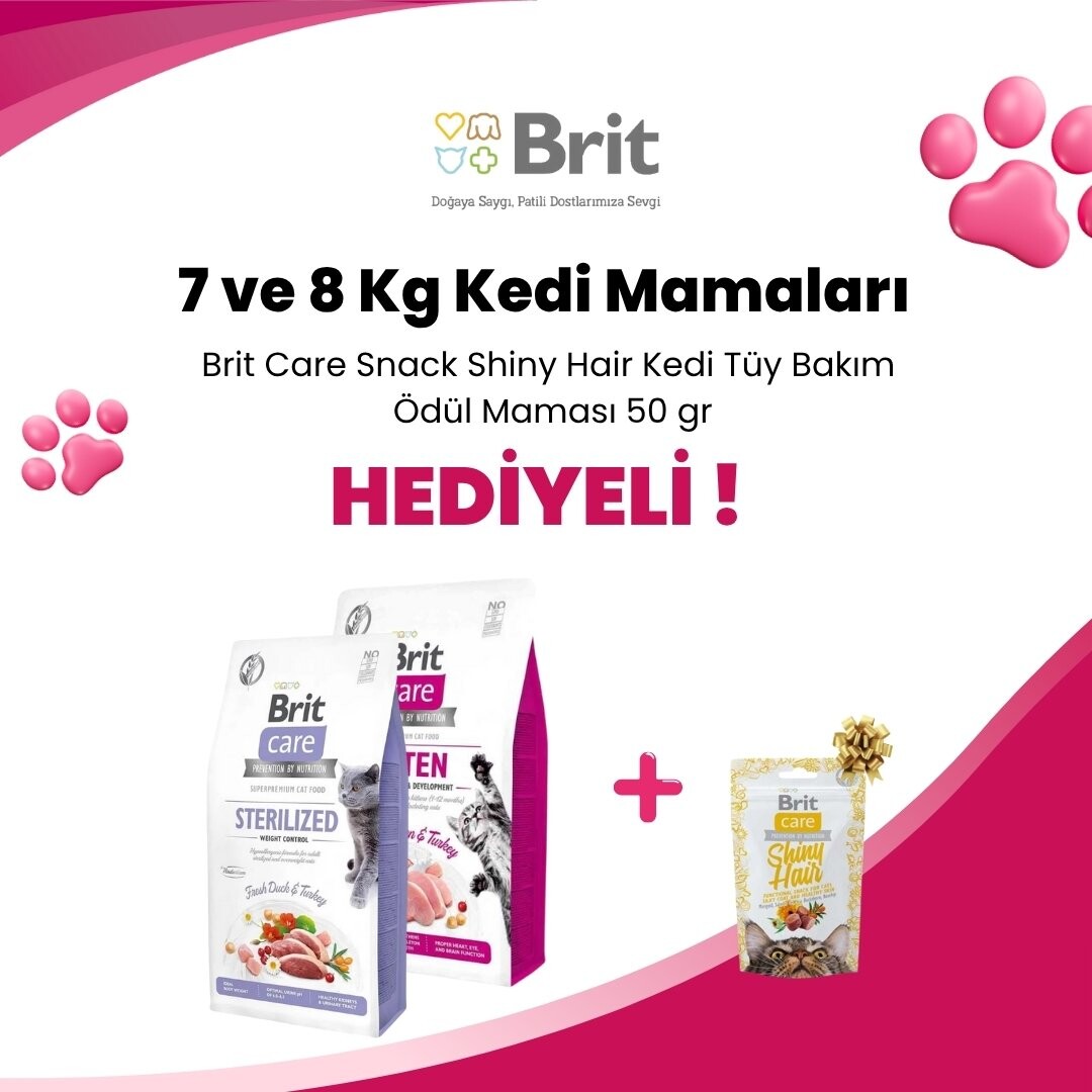 Brit Care 7 ve 8 Kg Kedi Mamalarına 1 Adet Brit Care Snack Shiny Hair Kedi Tüy Bakım Ödül Maması 50 gr Hediye