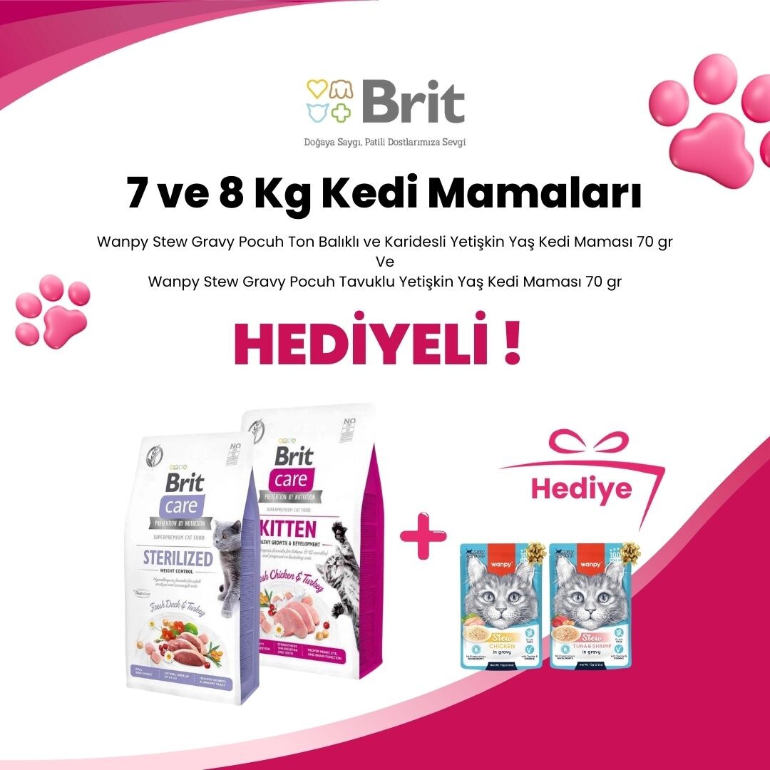 Brit Care 7 ve 8 Kg Kedi Mamalarına Moochie Tavuk Balkabağı İçerikli Kedi Çorbası 40 gr ve Moochie Ton ve Somon Balıklı Kedi Çorbası 40 gr Hediye
