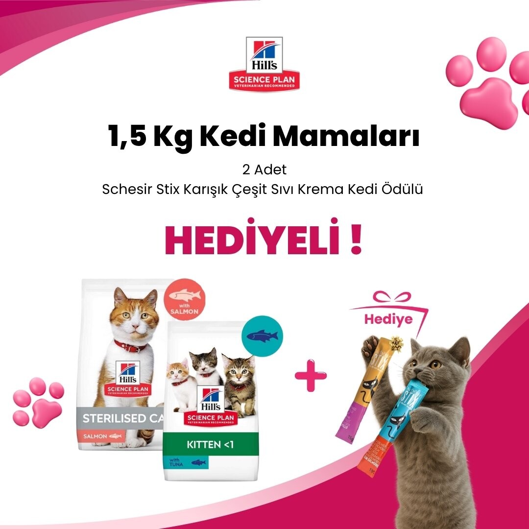 Hill's Science Plan 1,5 Kg Kedi Mamalarına 2 Adet Schesir Stix Karışık Çeşit Sıvı Krema Kedi Ödülü 1 Adet Hediye