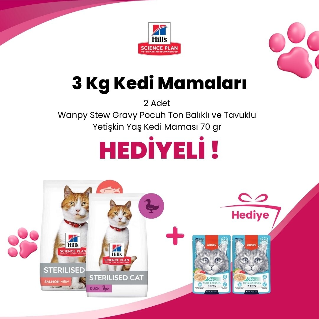 Hill's Science Plan 3 Kg Kedi Mamalarına 2 Adet Wanpy Stew Gravy Pocuh Ton Balıklı ve Tavuklu Yetişkin Yaş Kedi Maması 70 gr Hediye