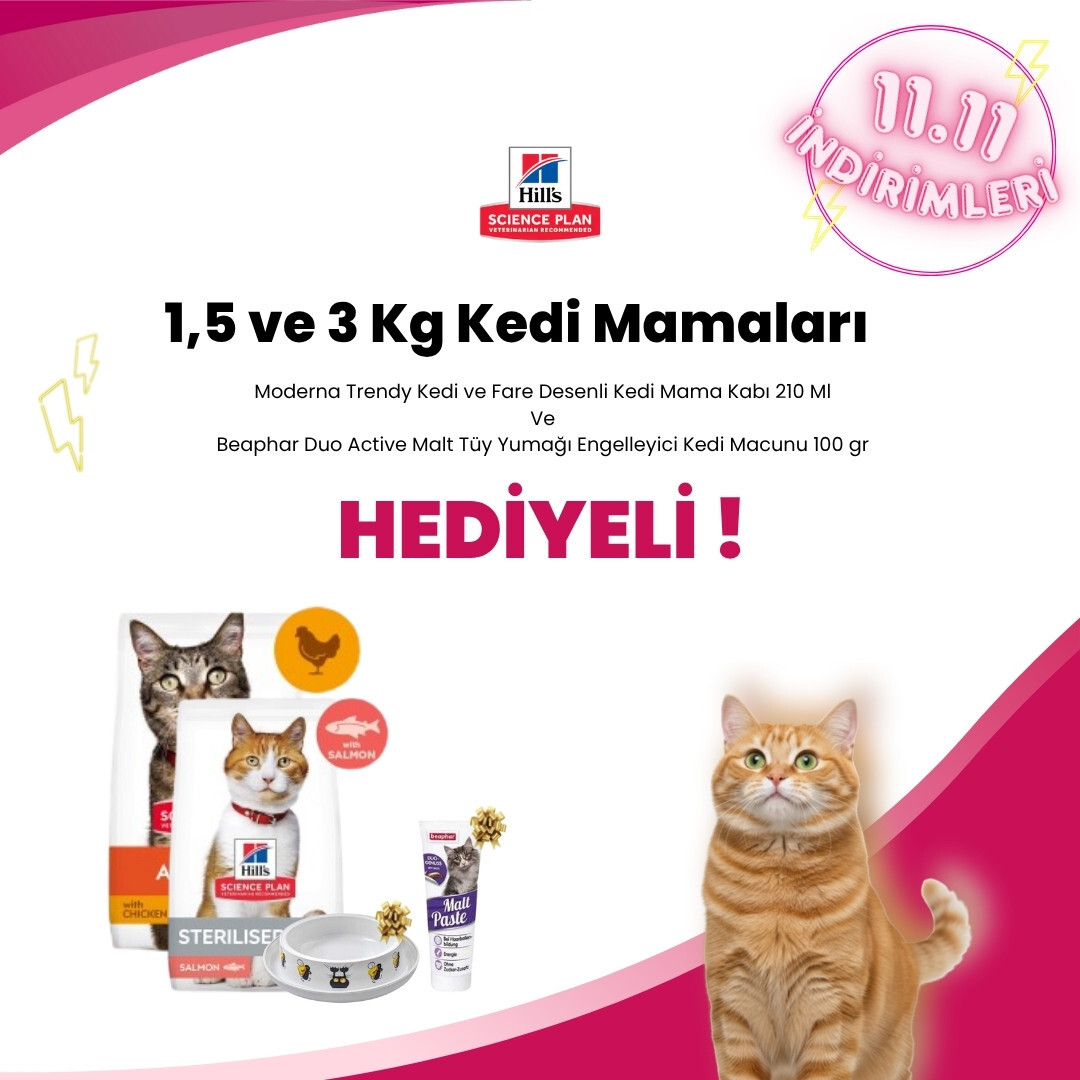 Hill's Science Plan 1,5 ve 3 Kg Kedi Mamalarına Moderna Trendy Kedi ve Fare Desenli Kedi Mama Kabı 210 Ml ve Beaphar Duo Active Malt Tüy Yumağı Engelleyici Kedi Macunu 100 gr Hediye