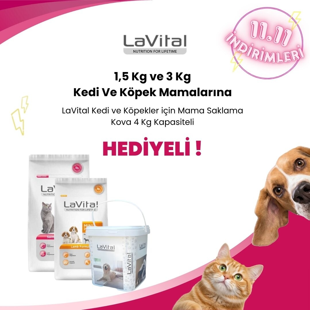 Lavital 1,5 ve 3 Kg Kedi ve Köpek Mamalarına LaVital Kedi ve Köpekler için Mama Saklama Kova 4 Kg Kapasiteli Hediye