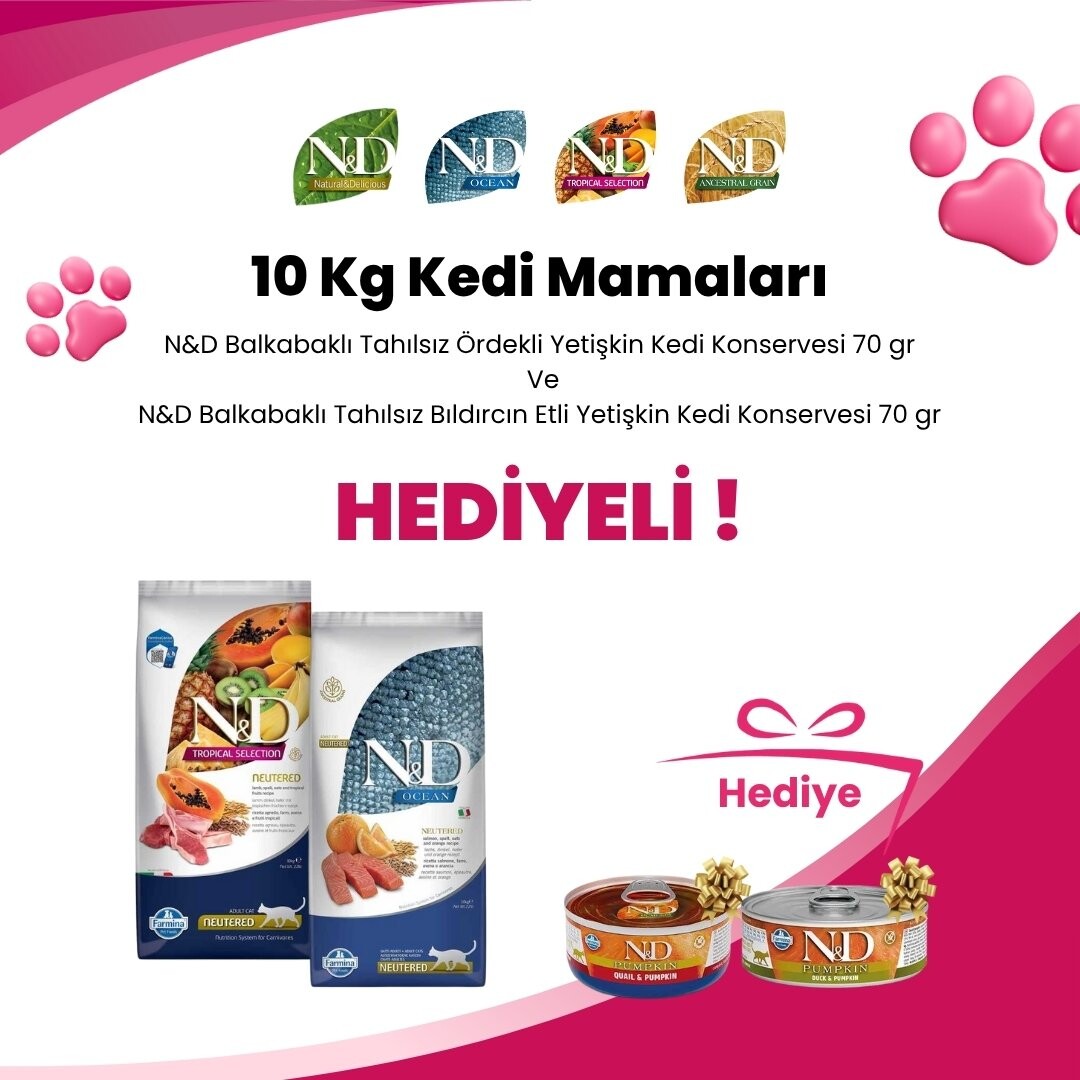 N&D 10 Kg Kedi Mamalarına N&D Balkabaklı Tahılsız Ördekli Yetişkin Kedi Konservesi 70 gr ve N&D Balkabaklı Tahılsız Bıldırcın Etli Yetişkin Kedi Konservesi 70 gr Hediye