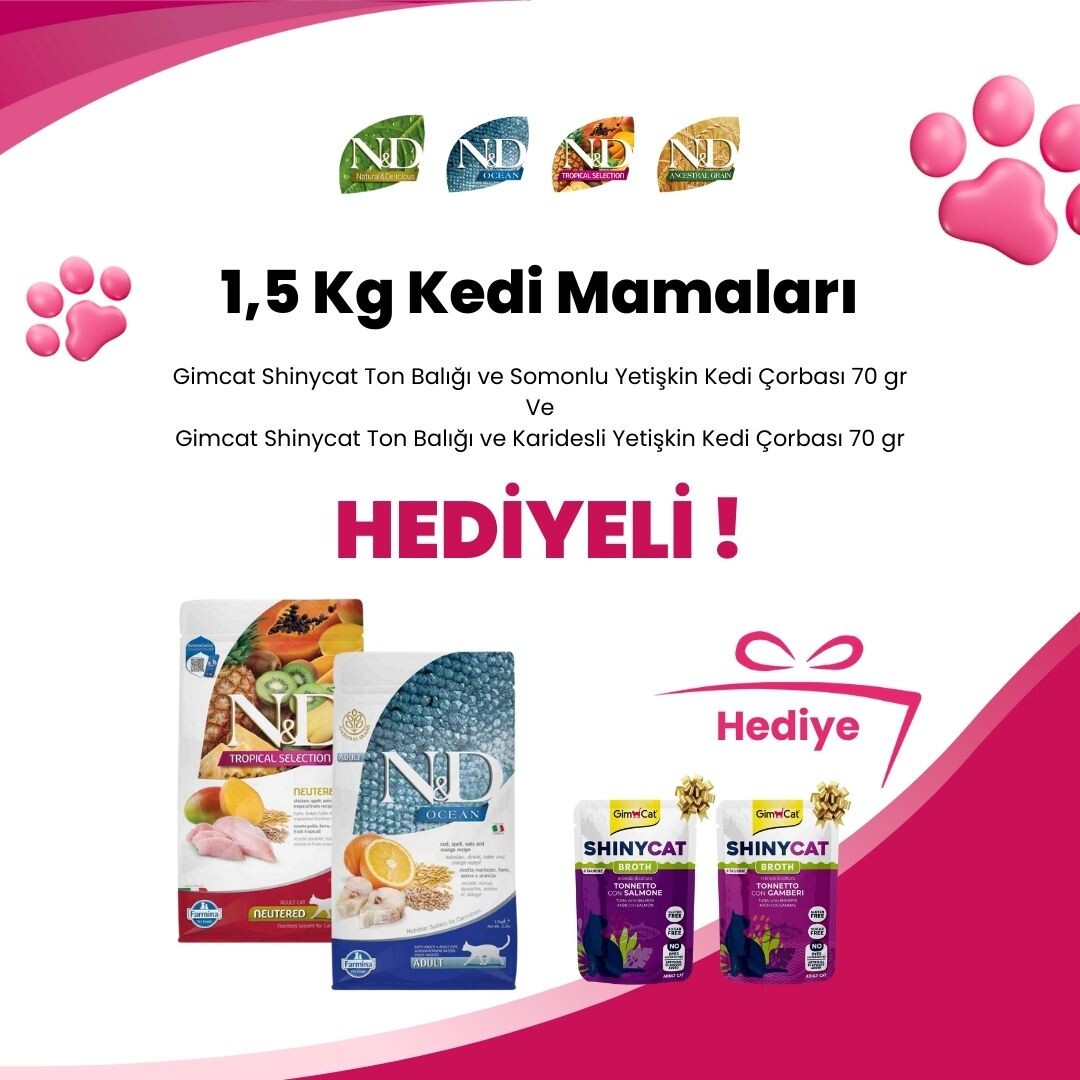 N&D 1,5 Kg Kedi Mamalarına Gimcat Shinycat Ton Balığı ve Gimcat Shinycat Ton Balığı ve Karidesli Yetişkin Kedi Çorbası 70 gr hediye