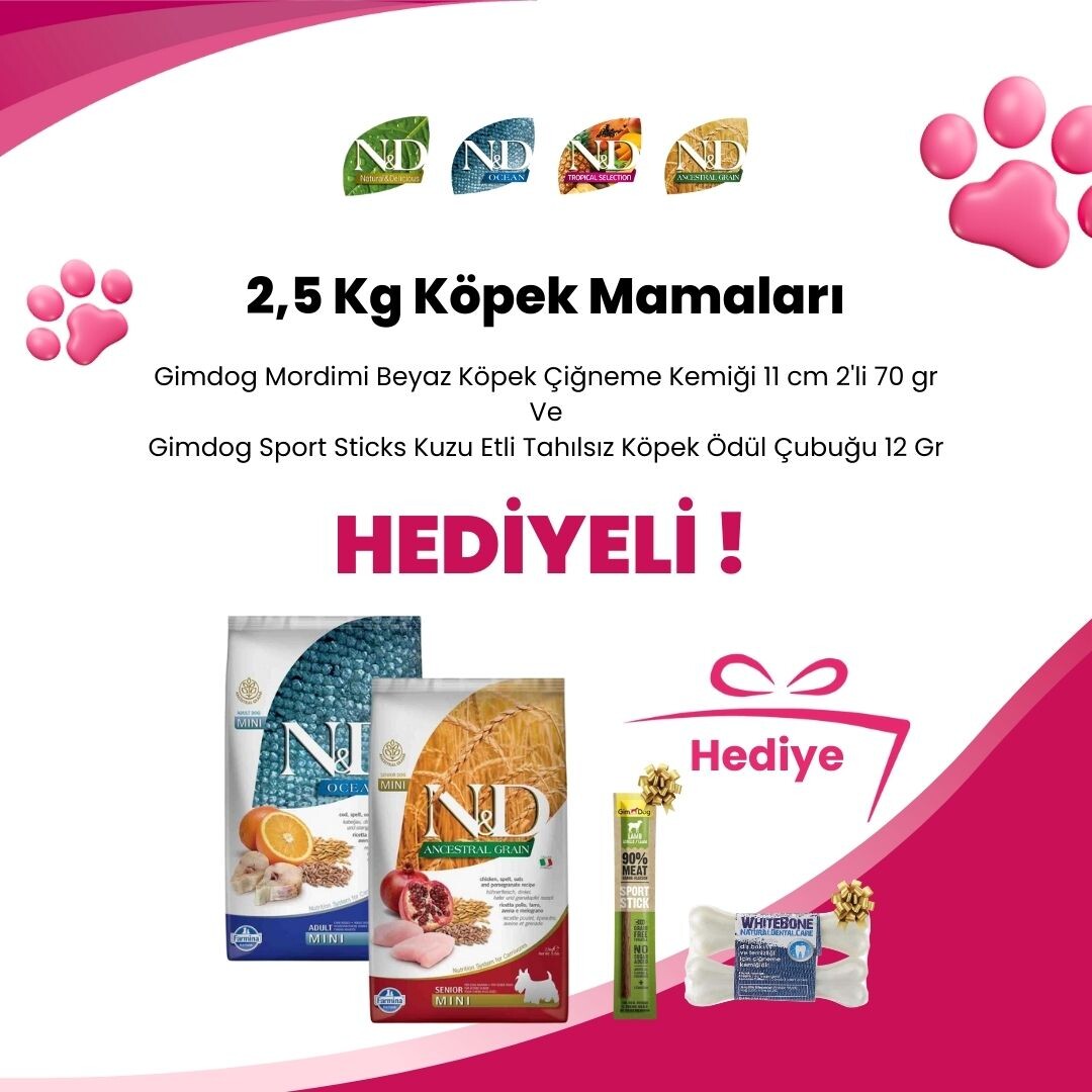 N&D 2,5 Kg Köpek Mamalarına Gimdog Mordimi Beyaz Köpek Çiğneme Kemiği 11 cm 2'li 70 gr ve Gimdog Sport Sticks Kuzu Etli Tahılsız Köpek Ödül Çubuğu 12 Gr Hediye