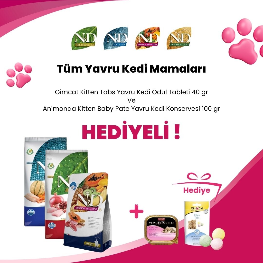 N&D Yavru Kedi Mamalarına Gimcat Kitten Tabs Yavru Kedi Ödül Tableti 40 gr ve Animonda Kitten Baby Pate Yavru Kedi Konservesi 100 gr Hediye