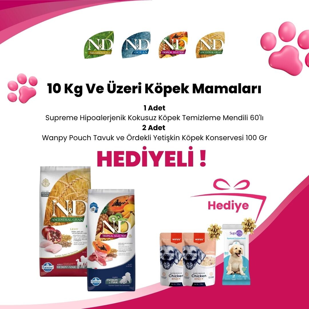 N&D 10 Kg ve Üzeri Köpek Mamalarına Supreme Hipoalerjenik Kokusuz Köpek Temizleme Mendili 60'lı ve 2 Adet Wanpy Pouch Tavuk ve Ördekli Yetişkin Köpek Konservesi 100 Gr Hediye