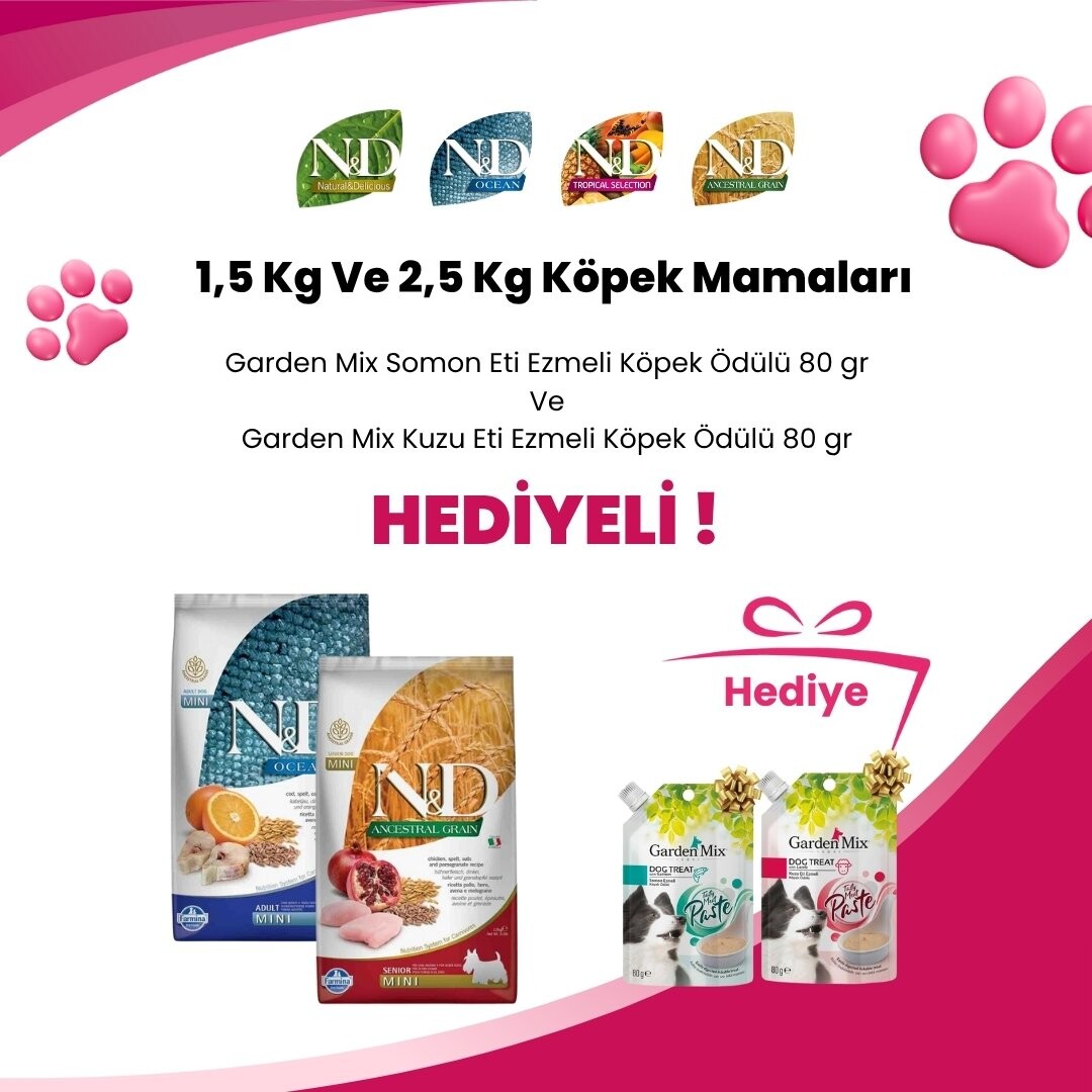 N&D 2,5 Kg Kedi Mamalarına Garden Mix Kuzu Eti Ezmeli Köpek Ödülü 80 gr ve Garden Mix Somon Eti Ezmeli Köpek Ödülü 80 gr Hediye