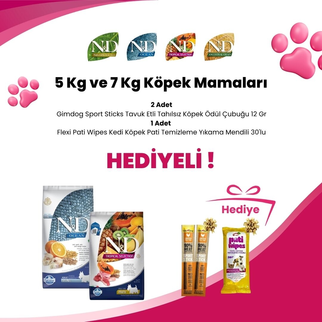 N&D 5 ve 7 Kg Köpek Mamalarına 2 Adet Gimdog Sport Sticks Tavuk Etli Tahılsız Köpek Ödül Çubuğu 12 Gr ve 1 Adet Flexi Pati Wipes Kedi Köpek Pati Temizleme Yıkama Mendili 30'lu Hediye