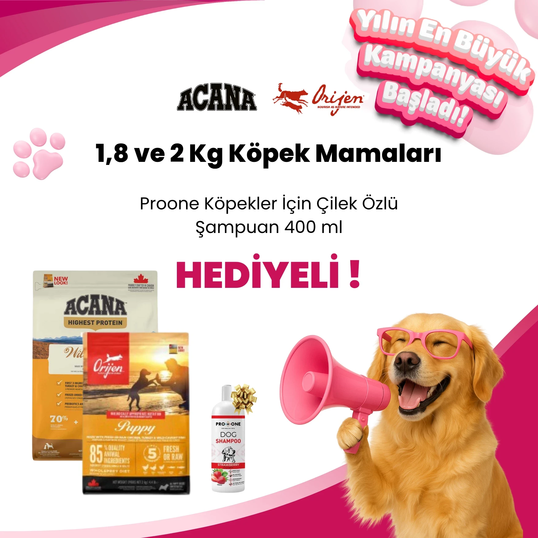 Acana 1,8 ve 2 Kg Köpek Mamalarına Proone Köpekler İçin Çilek Özlü Şampuan 400 ml Hediye