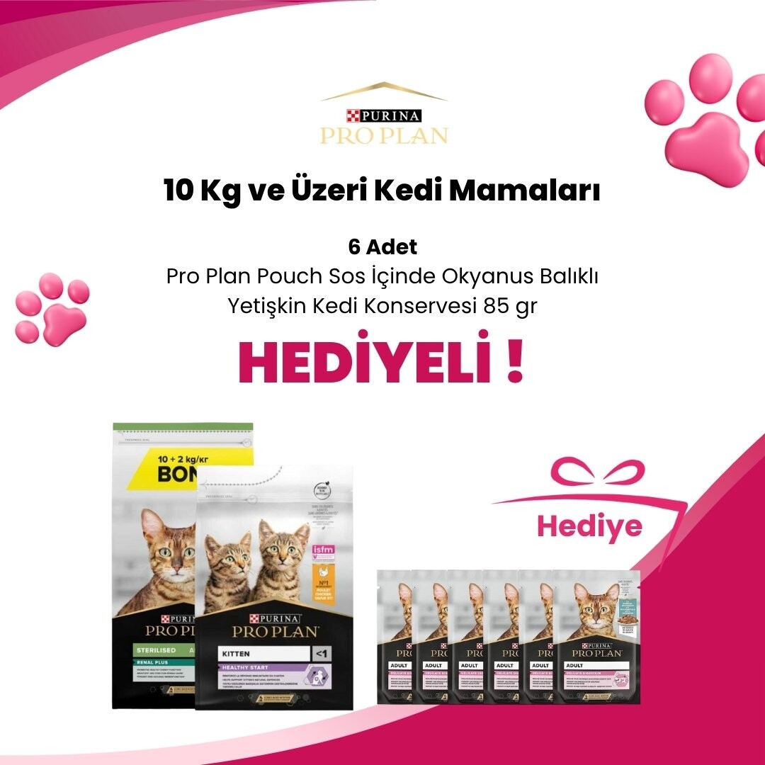 Pro Plan 10 Kg ve Üzeri Kedi Mamalarına 4 Adet Pro Plan Pouch Sos İçinde Okyanus Balıklı Yetişkin Kedi Konservesi 85 gr Hediye