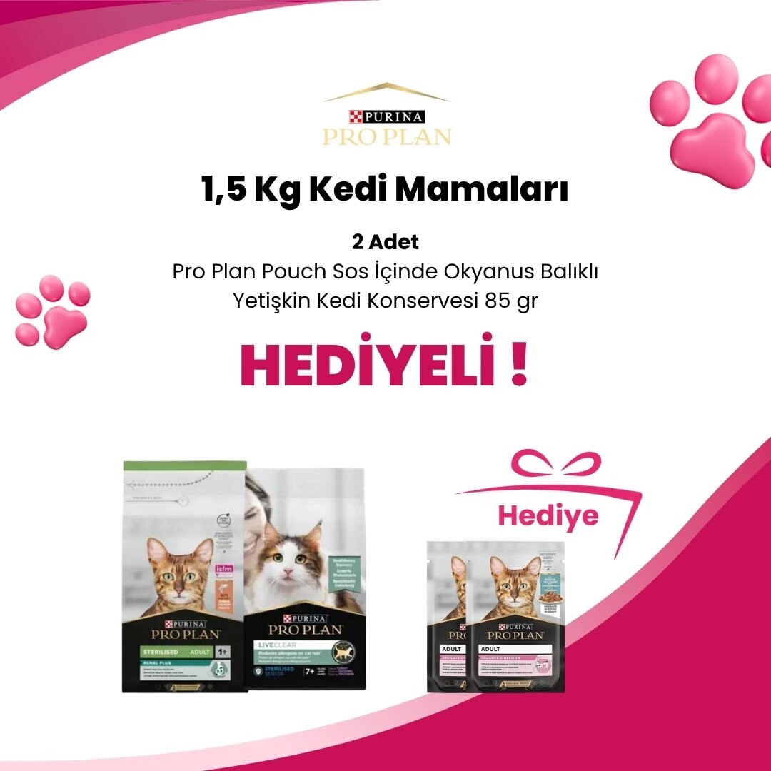 Pro Plan 1,5 Kg Kedi Mamalarına 2 Adet Pro Plan Pouch Sos İçinde Okyanus Balıklı Yetişkin Kedi Konservesi 85 gr Hediye