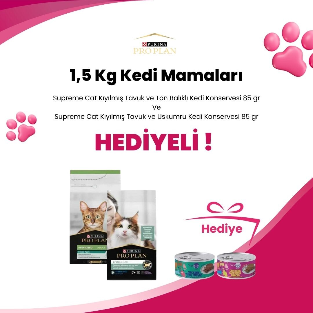 Pro Plan 1,5 Kg Kedi Mamalarına Supreme Cat Kıyılmış Tavuk ve Ton Balıklı Kedi Konservesi 85 gr ve Supreme Cat Kıyılmış Tavuk ve Uskumru Kedi Konservesi 85 gr Hediye