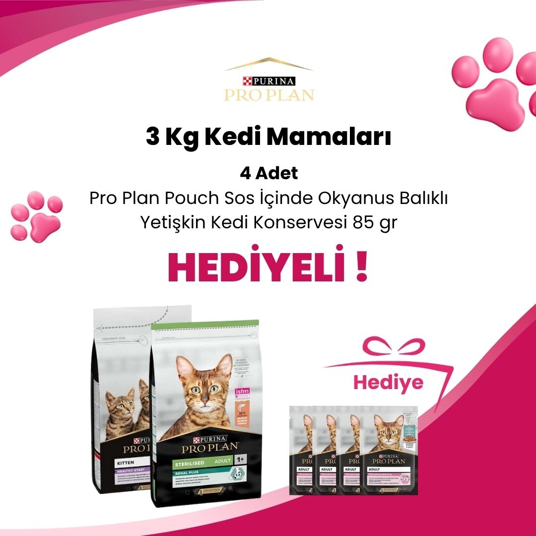 Pro Plan 3 Kg Kedi Mamalarına 4 Adet Pro Plan Pouch Sos İçinde Okyanus Balıklı Yetişkin Kedi Konservesi 85 gr Hediye