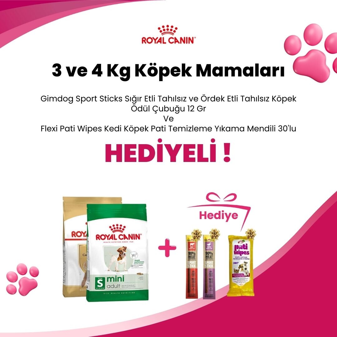 Royal Canin 3,5 ve 4 kg Köpek Mamalarına Gimdog Sport Sticks Sığır Etli , Gimdog Sport Sticks Ördek Etli Tahılsız Köpek Ödül Çubuğu 12 Gr ve Flexi Pati Wipes Kedi Köpek Pati Temizleme Yıkama Mendili 30'lu Hediye