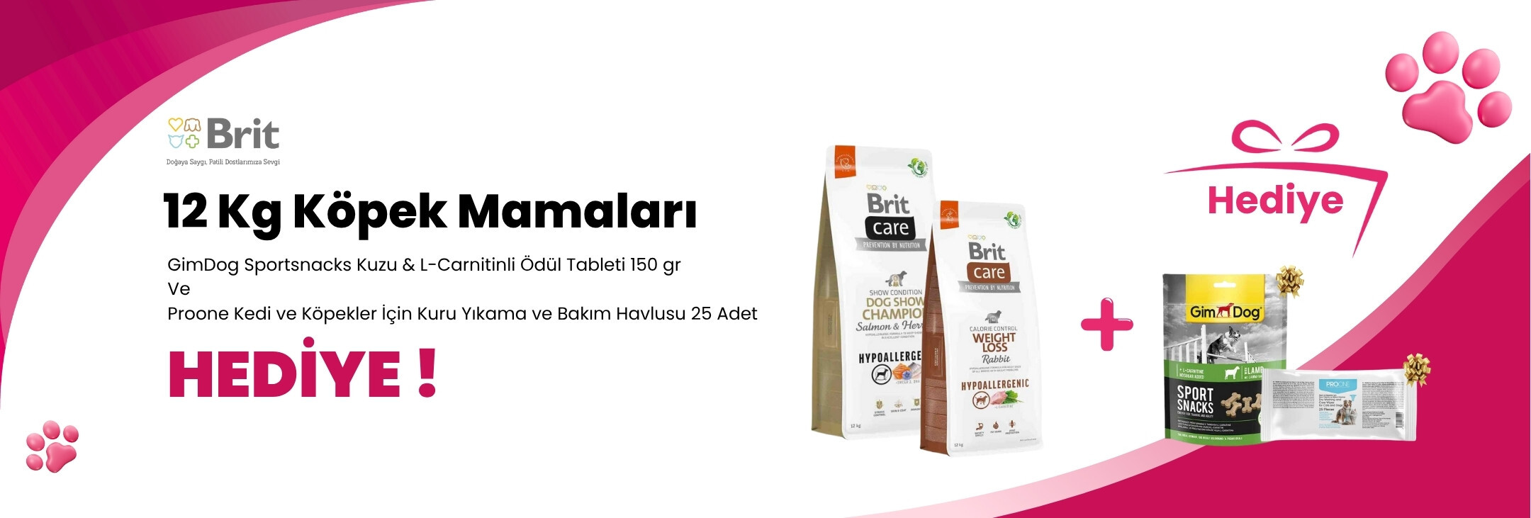 Brit Care 12 Kg Köpek Mamalarına GimDog Sportsnacks Kuzu & L-Carnitinli Ödül Tableti 150 gr ve Proone Kedi ve Köpekler İçin Kuru Yıkama ve Bakım Havlusu 25 Adet Hediye