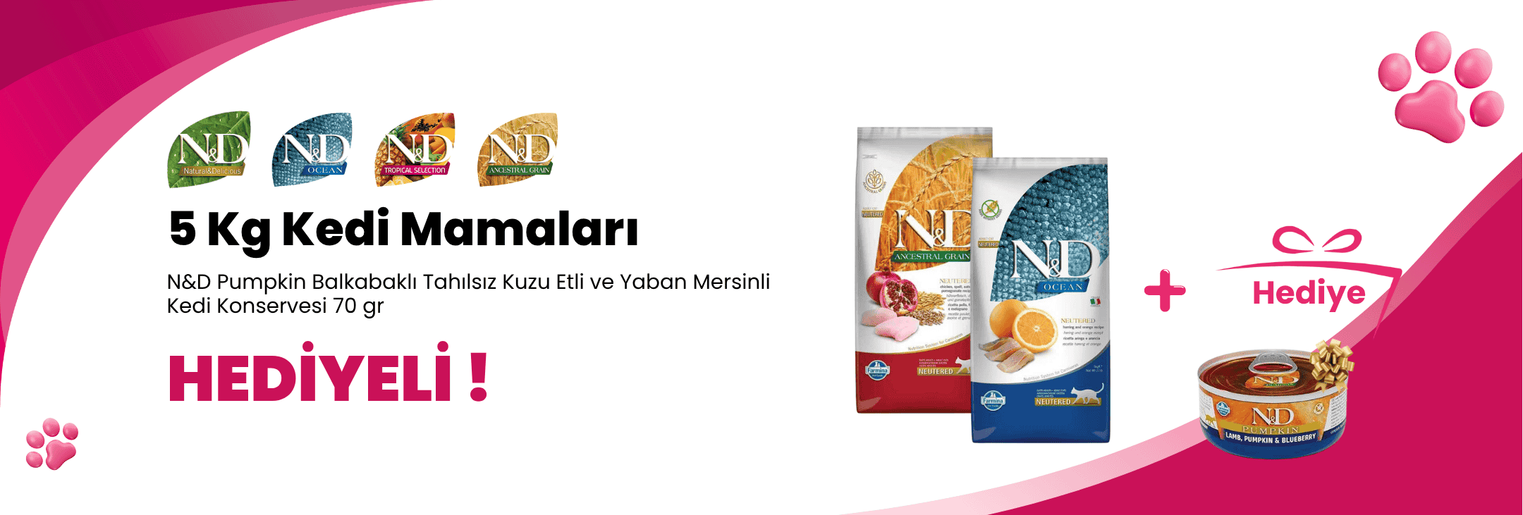 N&D 5 Kg Kedi Mamalarına N&D Pumpkin Balkabaklı Tahılsız Kuzu Etli ve Yaban Mersinli Kedi Konservesi 70 gr Hediye