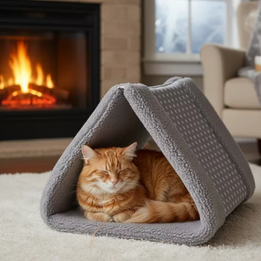 kışın şömine önünde kedi yatağında uyuyan bir kedi