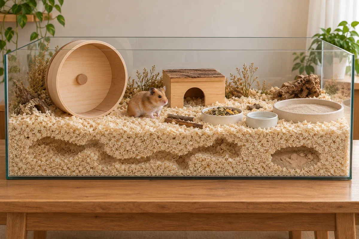 Derin talaşlı geniş hamster kafesinde tekerlek, ahşap yuva, yem ve su kabı ile kum banyosu
