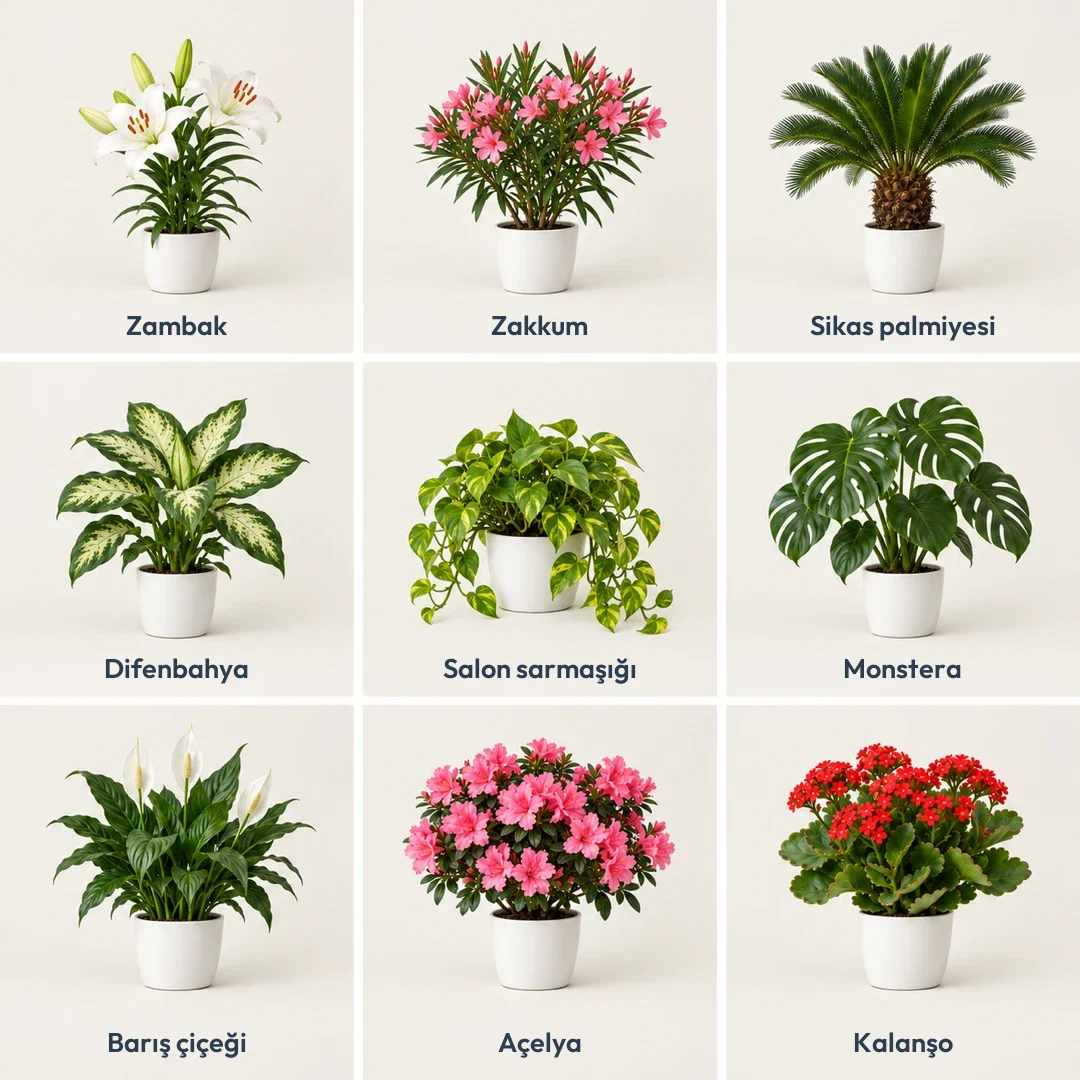 Kediler için zehirli olan zambak, zakkum, sikas palmiyesi, difenbahya, salon sarmaşığı, monstera, barış çiçeği, açelya ve kalanşo
