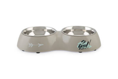 Beeztees Köpek İkili Mama ve Su Kabı, Paslanmaz Çelik, Gri, 34x17,5cm, 2x350ml - 1