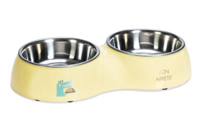 Beeztees Köpek İkili Mama ve Su Kabı, Paslanmaz Çelik, Sarı, 34x17,5cm, 2x350ml - 1