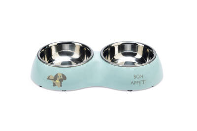 Beeztees Köpek İkili Mama ve Su Kabı, Paslanmaz Çelik, Turkuaz, 27x14cm, 2x160ml - 1