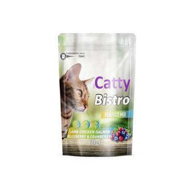 Catty Bistro Mükemmel Karışım Kuzulu Tavuklu Somonlu Yaban Merisnli ve Kızılcıklı Kedi Ödül Maması 60 Gr - 1