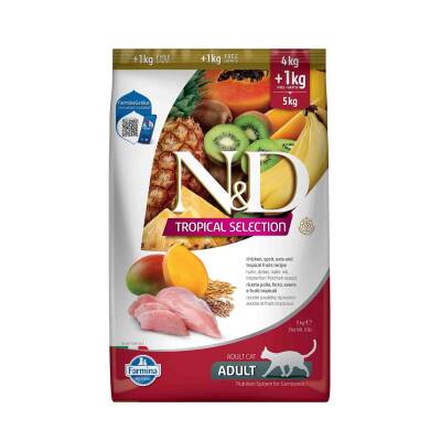 N&D Tropical Selection Düşük Tahıllı Tavuklu ve Tropikal Meyveli Yetişkin Kedi Maması 4 + 1 kg Hediyeli! - 1