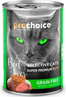 ProChoice Seçici Kediler İçin Sığır Etli Ciğerli Tahılsız Ezme Yetişkin Kedi Konservesi 400 gr - 1